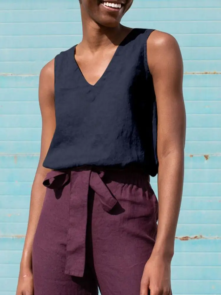 

ZANZEA Summer Women Holiday Beach Tank Tops Sleeveless V-Neck Solid Color Pockets Blouse Femme Casual Loose Elegant Shirt 2022