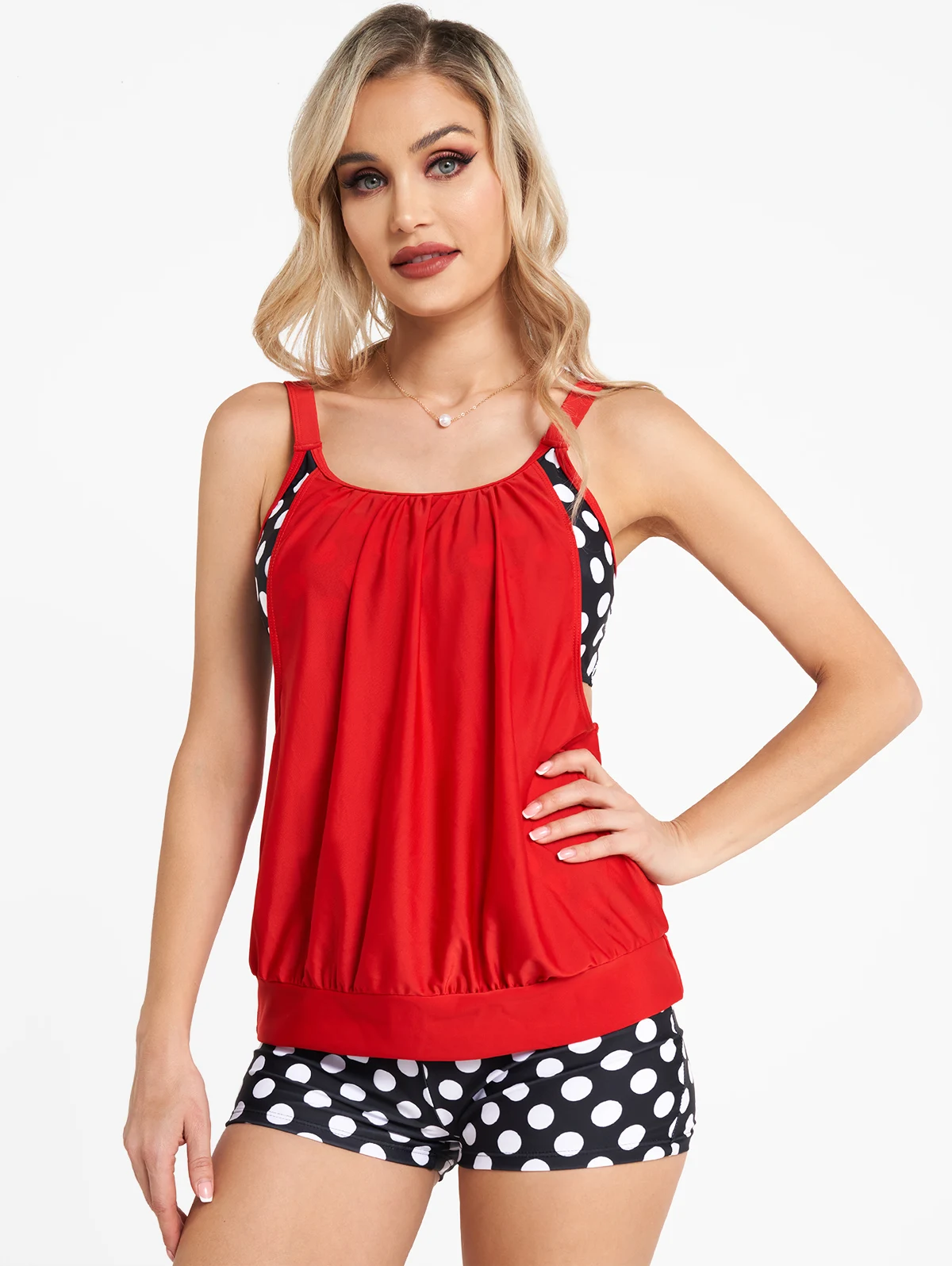 

Женский модный костюм танкини, летний скромный купальник в горошек с разноцветными вставками, шорты с лямками, бикини, скрывающий живот