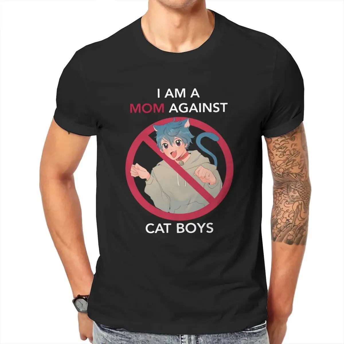 I Am a Mom Against Cat Boys T-Shirts Men Round Collar Pure Cotton T Shirt Japanese Anime Short Sleeve Tee Shirt Gift Idea Tops