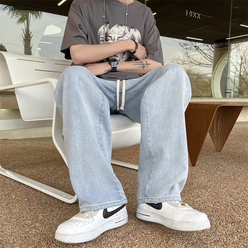 Drawstring Baggy Jeans Men Fashion Casual Wide Leg Jeans Men Streetwear Hip Hop Loose Straight Denim Pants Mens Trousers M-2XL