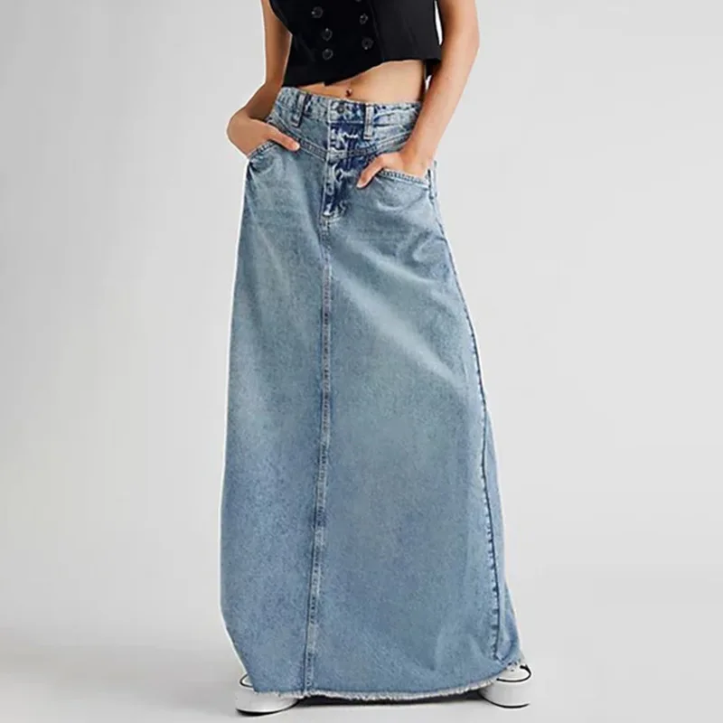 

High Waist Vintage Pocket Denim Skirt Women's Clothing 2023 Spring New Slim Solid Color A Line Mid Length Long Dresses Trimmings