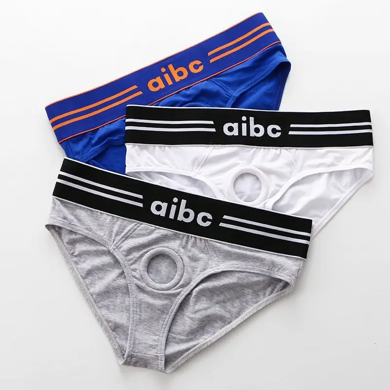 Men's Cotton Briefs Built-in Silicone Cock Ring Vibration Bag Separated Panties Men Underwear Sexy Gay Lingerie with Penis Hole