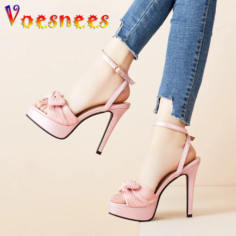 

2023 Hot Sale Women Platform High Heels Fashion Butterfly Silk Satin Sandals 12CM Summer Elegant Party Pumps Pink Princess Shoes