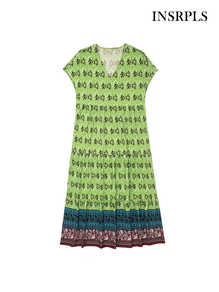 

INSRPLS Women Fashion Panelled Printed Flowing Midi Dress Vintage V Neck Short Sleeve Female Dresses Vestidos Mujer