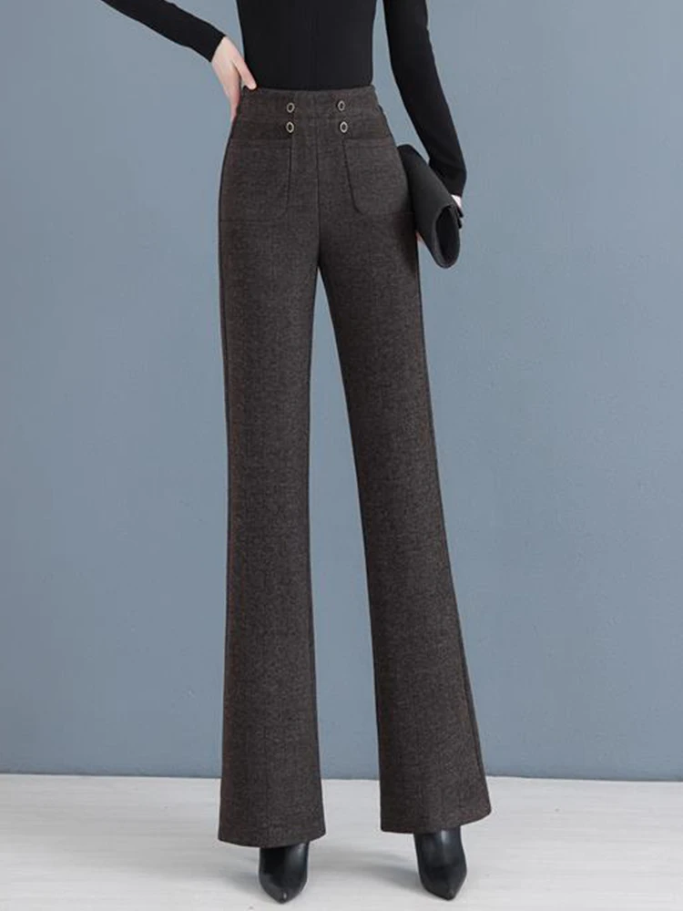 Утепленные шерстяные брюки больших размеров с высокой талией на флисовой