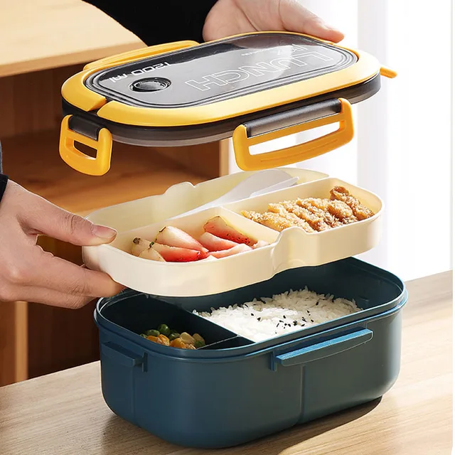 Portable hermetic lunch box 2 layer grid children student bento box with fork spoon leakproof microwavable prevent odor school