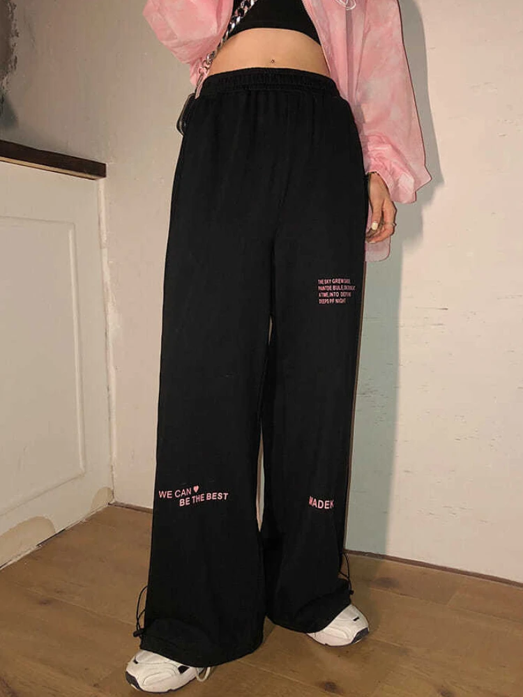 

QWEEK Harajuku Black Jogging Sweatpants Women Y2K Letter Print Korean Fashion Sports Pants Oversize Wide Leg Tracksuit Trousers