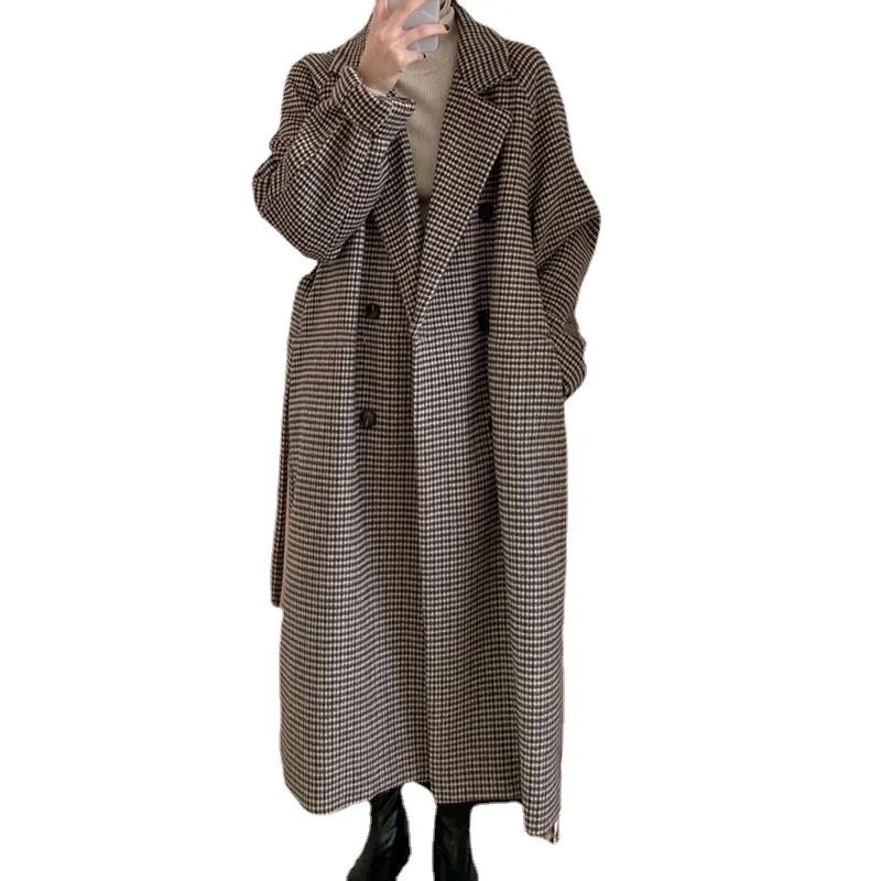 

Женское шерстяное пальто, элегантная клетчатая длинная твидовая верхняя одежда для мам, Осень-зима 2023