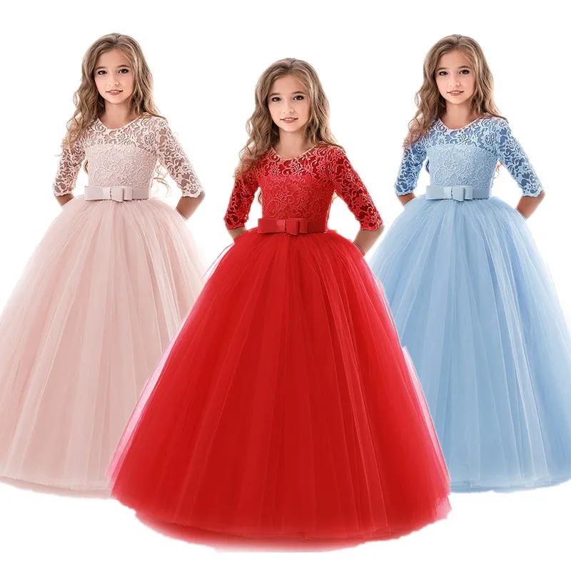 Girls Dress Embroidery Lace Flower Bridesmaid Dress Princess Dress Party Long Gown Xmas Pageant Party First Communion Vestido