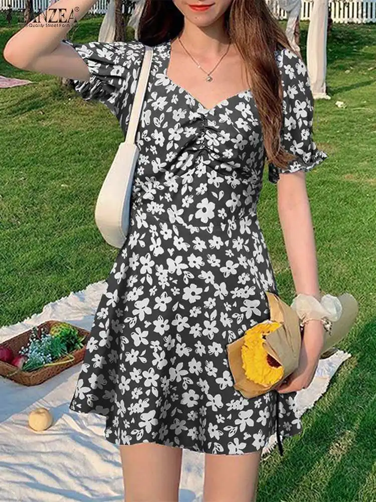 

ZANZEA 2023 Summer Floral Print Sundress Casual Party Robe Women Korean Fashion Vestido Puff Short Sleeve Square Neck Mini Dress