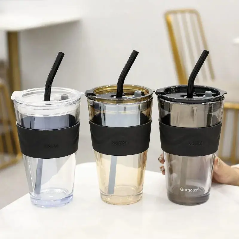 

450ml Coffee Glass Cup Heat Resistant Coffee Mug Wine Glasses Portable Sealed Water Button with Straws Milk Tea Travel Cup Gift