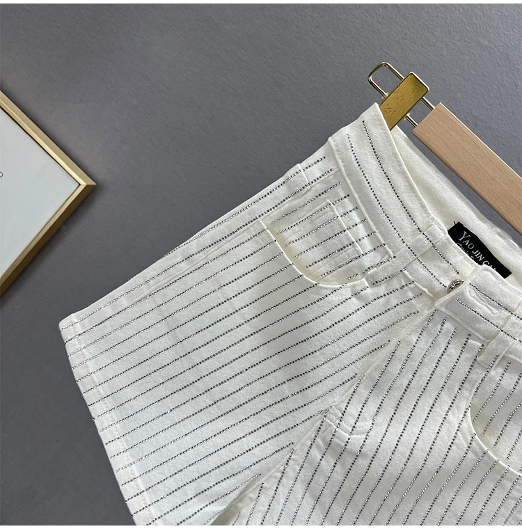 SHUMENG Streetwear Women's Full Diamond White Denim Shorts 2023 Summer Casual Stretch High Waist Short Jeans Hot Pants Female