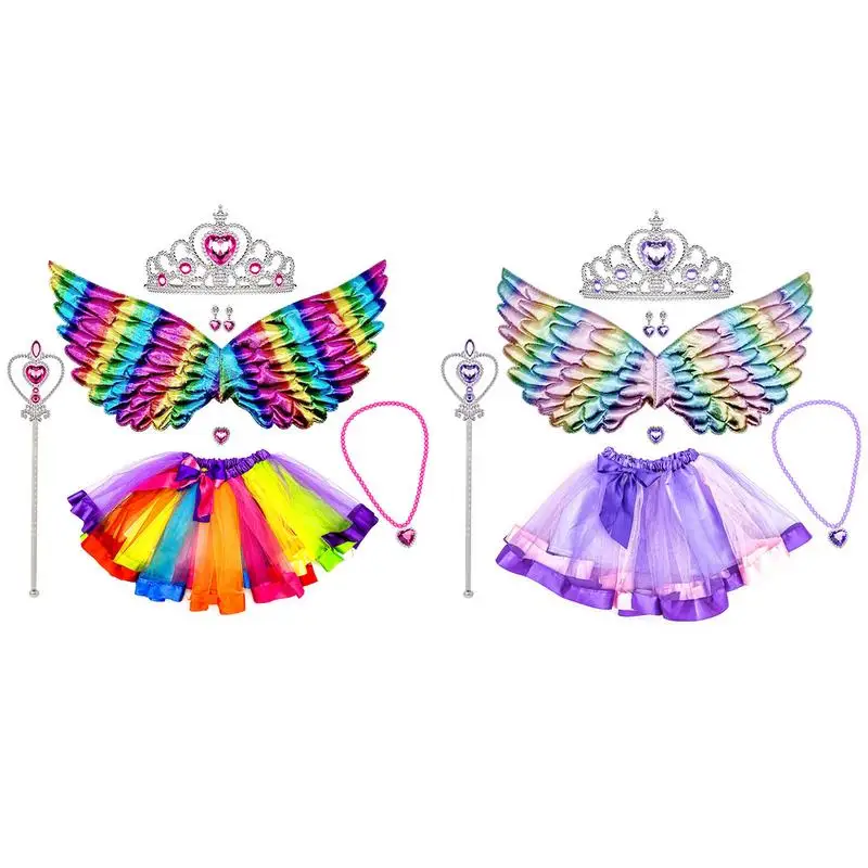 

Girls Princess Birthday Party Costumes Fairy Wing Wand Skirt Necklace Earrings Gemstone Party Cosplay Costumes