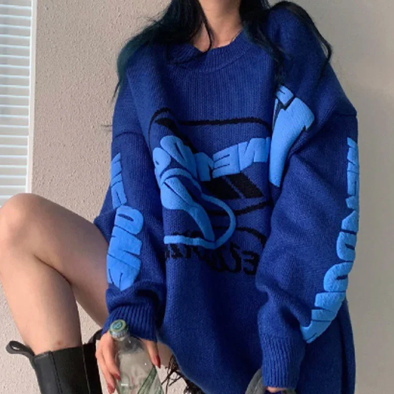 

2022 autumn winter new Korean version of the three-dimensional alphabet print knitwear retro loose slimming jumper