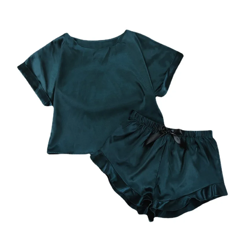 Green Color Soft Silky Satin Women Pajamas Summer Breathable Fashion Sleepwear Homewear Round Neck 2pcs Set Pijamas For Lady