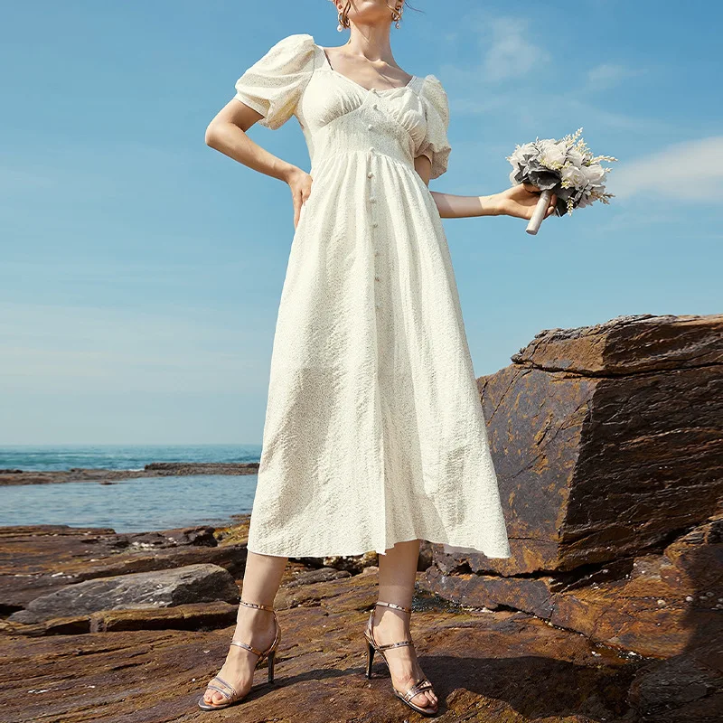 

Женское шифоновое платье-трапеция, элегантное белое платье во французском стиле с квадратным вырезом и коротким рукавом, весна-лето 2023