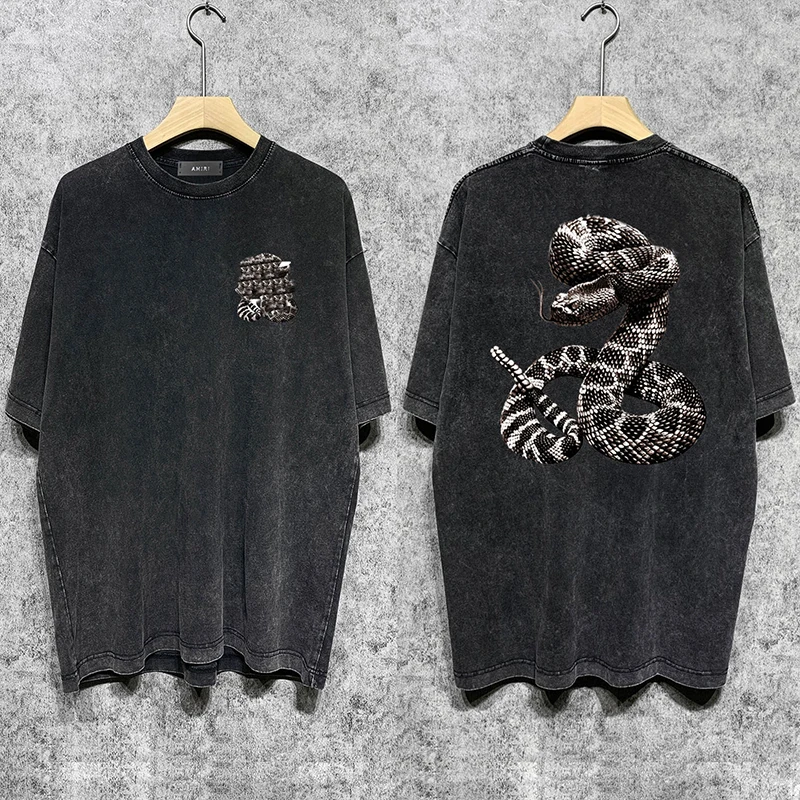 

Printed Snake Short T-Shirt Men Women Casual Washed Sleeve Hip Hop Black Streetwear Dersinger Tees Pure Cotton Shirt Summer Top