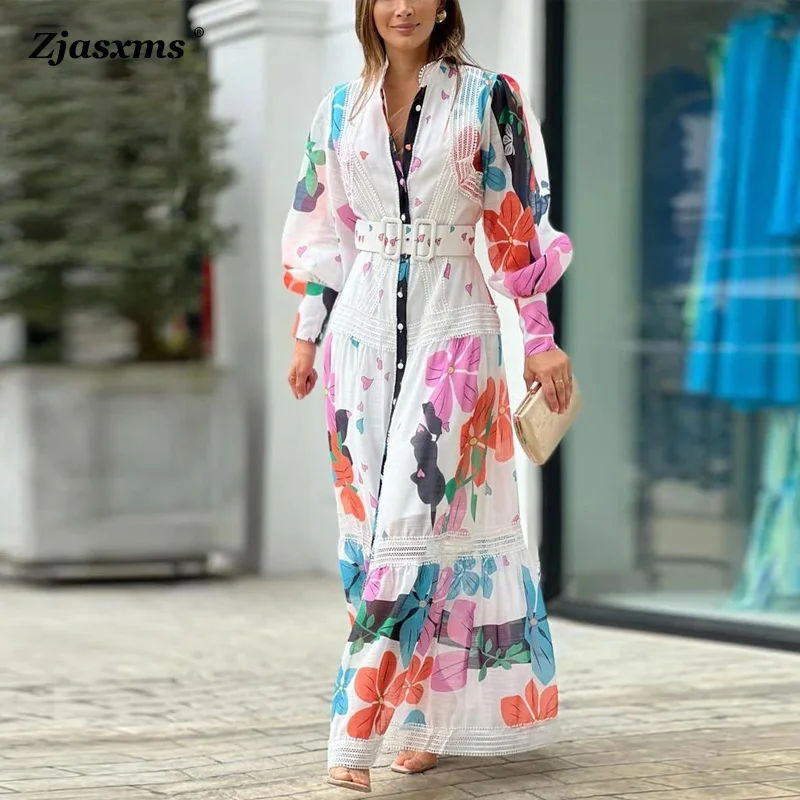 Spring Summer Casual Lace Print Maxi Dress Fashion Ruched Stitching Party Dress Female High Street Stand Collar Long Shirt Dress