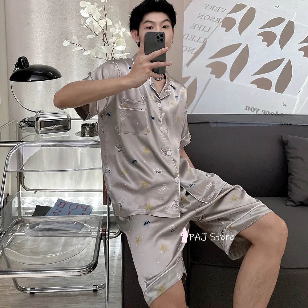 Men Silk Satin Pajamas Set Pajama Set Sleepwear Set Large Size Shorts Loungewear oversized 7XL Pyjamas Home Clothes