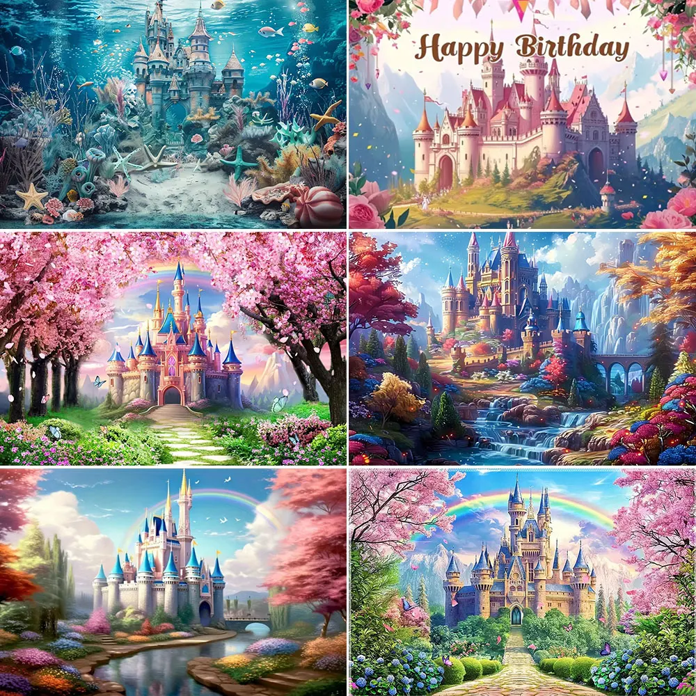 Розовый Радужный Замок Принцесса День Рождения Фон Украшения Цветы Лес Морской