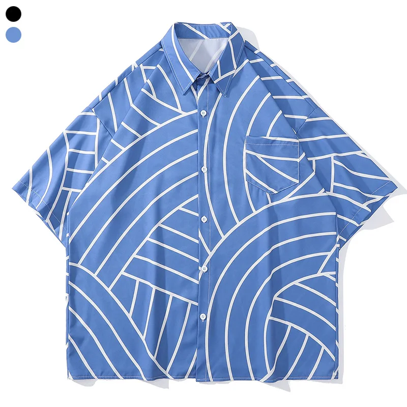 

Рубашка мужская оверсайз с геометрическим рисунком, гавайская блузка с короткими рукавами, уличная одежда, цвет черный, лето 2022