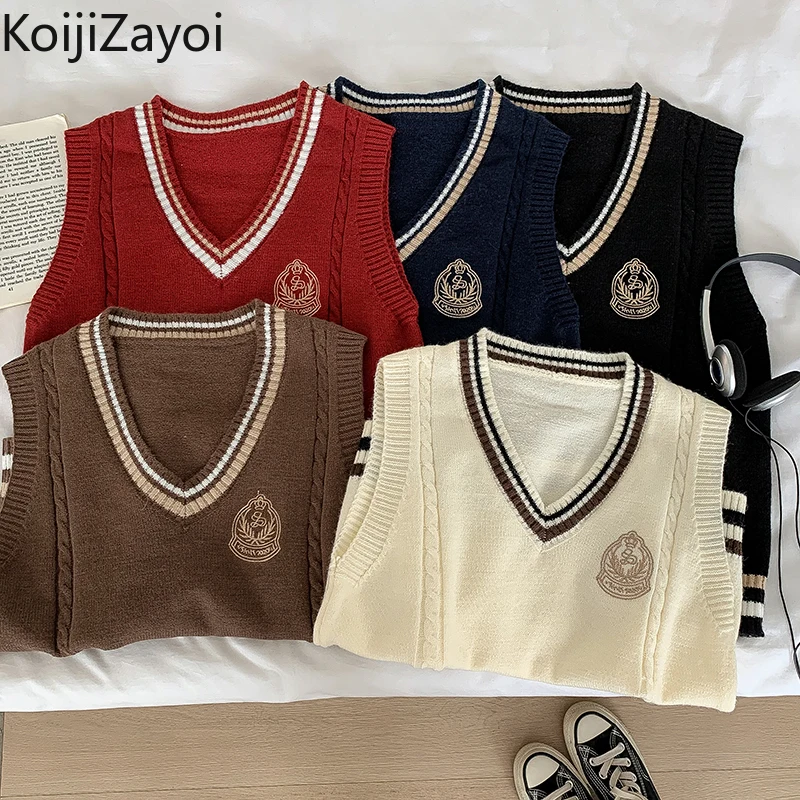 

Koijizayoi Casual Loose Women Solid Sweater Vest Lady Sleeveless V Neck Preppy Style Camisole Knitted Outwear Tanks 2022 Tops