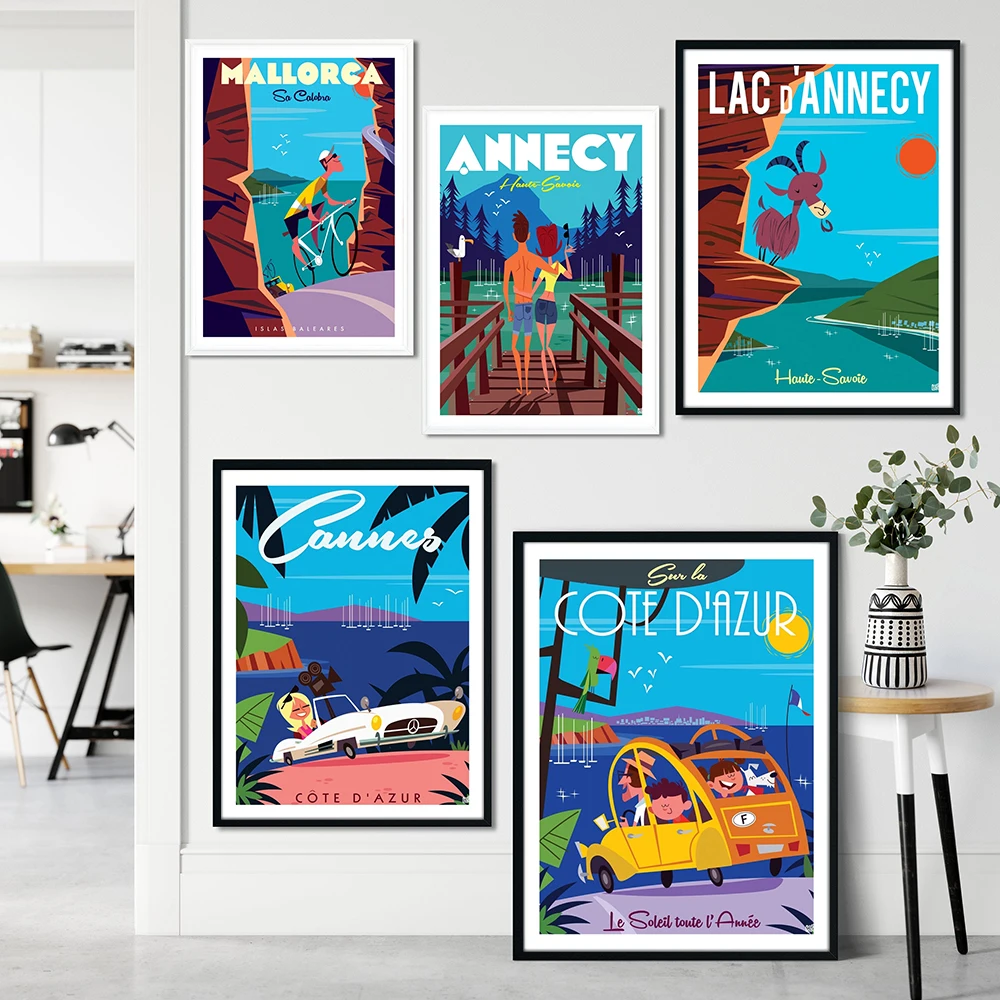 

Travel Landscape Posters Cycling Brown Art Prints Mountain Lake Cartoon Canvas Paintings Fun Kids Bed Room Nursery Wall Decor