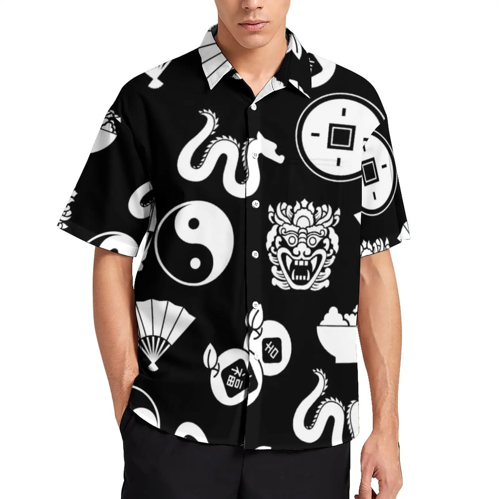 

Белая Свободная рубашка с принтом дракона, мужские пляжные повседневные рубашки в японском стиле, модные блузки большого размера с коротки...