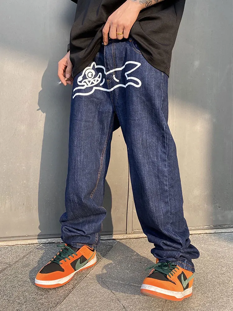 Men Jeans Hip Hop Loose Retro Streetwear Oversize Casual Mens Denim Trousers Dog Printed Jeans Men Harajuku Blue Jean Pants