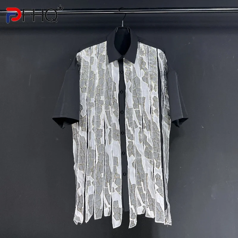 

PFHQ 2023 Summer New Fashion Casual Patchwork Striped Shirts For Men Short Sleeve Single Breasted Loose Men's Blouse 21F3824