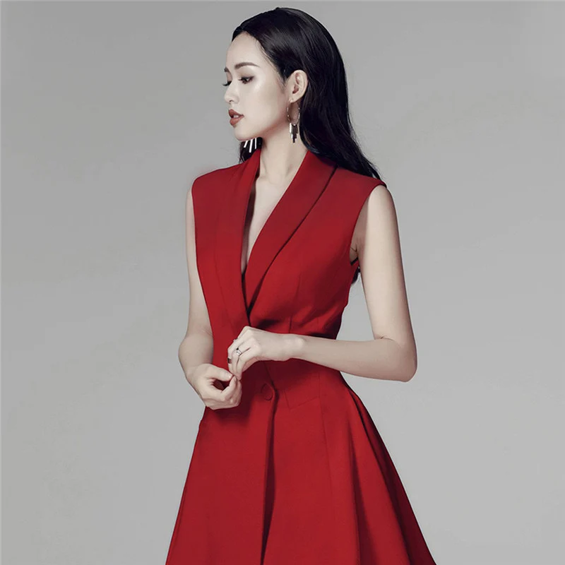 ZEEROMER деловое летнее красное платье 2024 модное женское вечернее без рукавов с