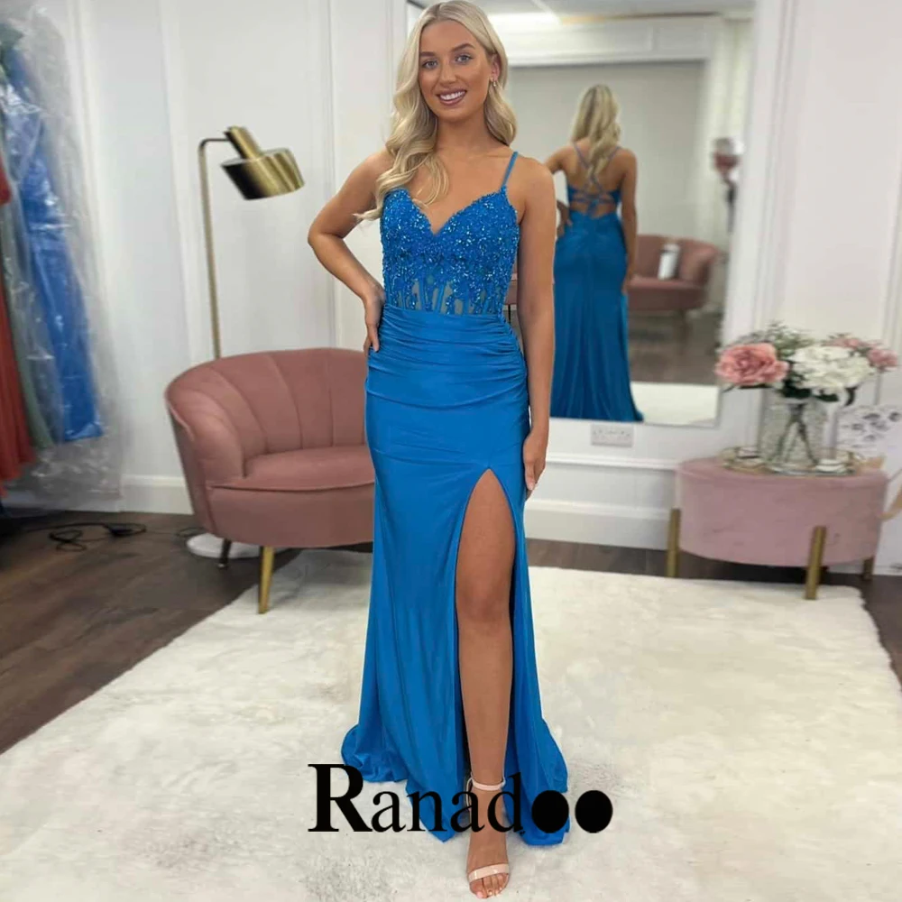 

Ranadoo Mermaid Illusion Applique Evening Party For Women High Side Slit Court Train V Neck Spaghetti Strap Lacing Up Graduation