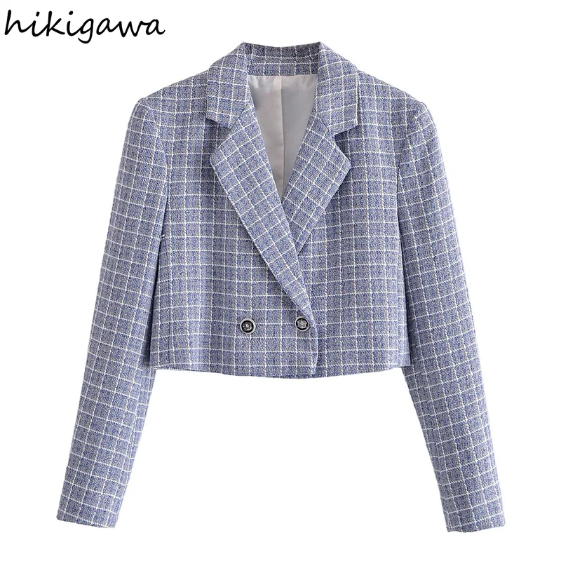 

Hikigawa Women Fashion Plaid Tweed Texture Cropped Blazer Coat Vintage Long Sleeve Female Outerwear Chic Tops Mujer