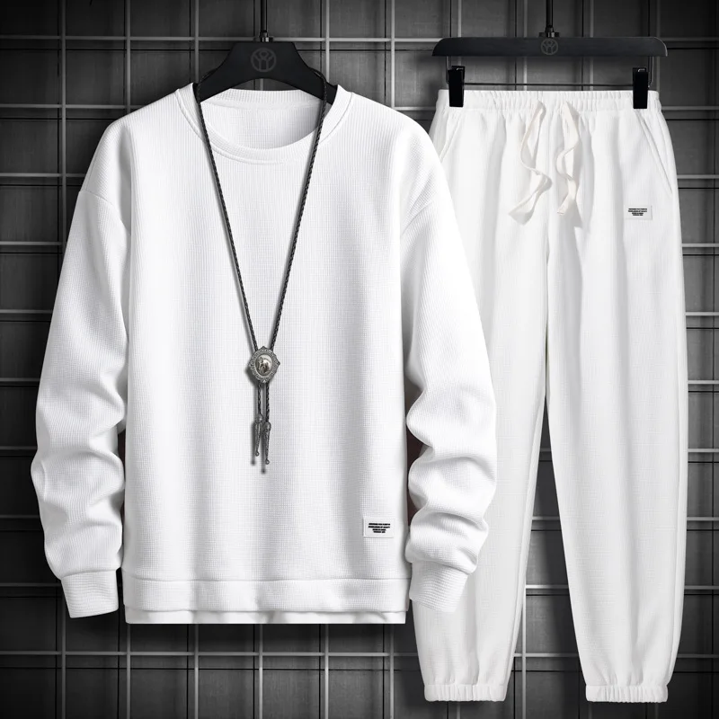 New Waffle Spring and Autumn Men's Casual Sports Suit Men's Loose and Handsome Men's Long-Sleeved T-shirt Trousers Fashion