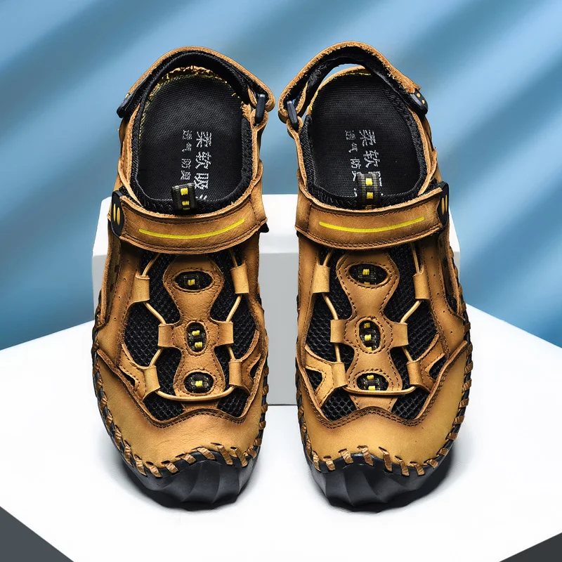 

man sandals 2020 summer for men handmade genuine leather roman shoes 39 hollow lightweight breathable casual beach rubber online