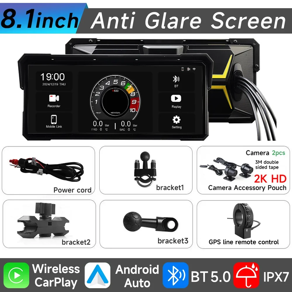 

8,1-дюймовый портативный GPS-навигатор для мотоцикла, беспроводной Carplay, Android Auto, IPX8, водонепроницаемый мотоцикл, 2K HD, сенсорный экран