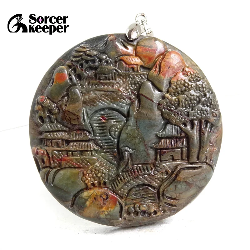 Ручная резьба пейзаж кристалл натуральный Пикассо яшма камень кулон Сделай Сам изготовление женщин цепь ожерелье ювелирные изделия Аксессуары 1 шт. BG208