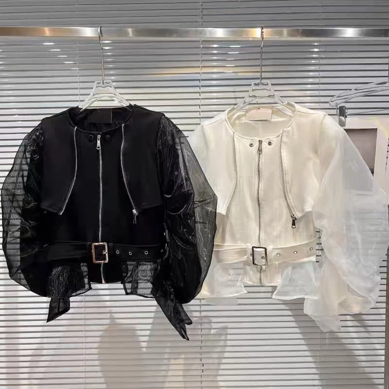 

Summer Spring Vintage Coat For Women Leather PU Bubble Mesh Perspective Long Sleeves Bomber Jacket Belt Zipper Short Coat