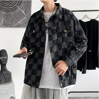 mens fashion checkerboard plaid denim jacket spring and autumn loose work jacket korean style mens graphic jean jacket
