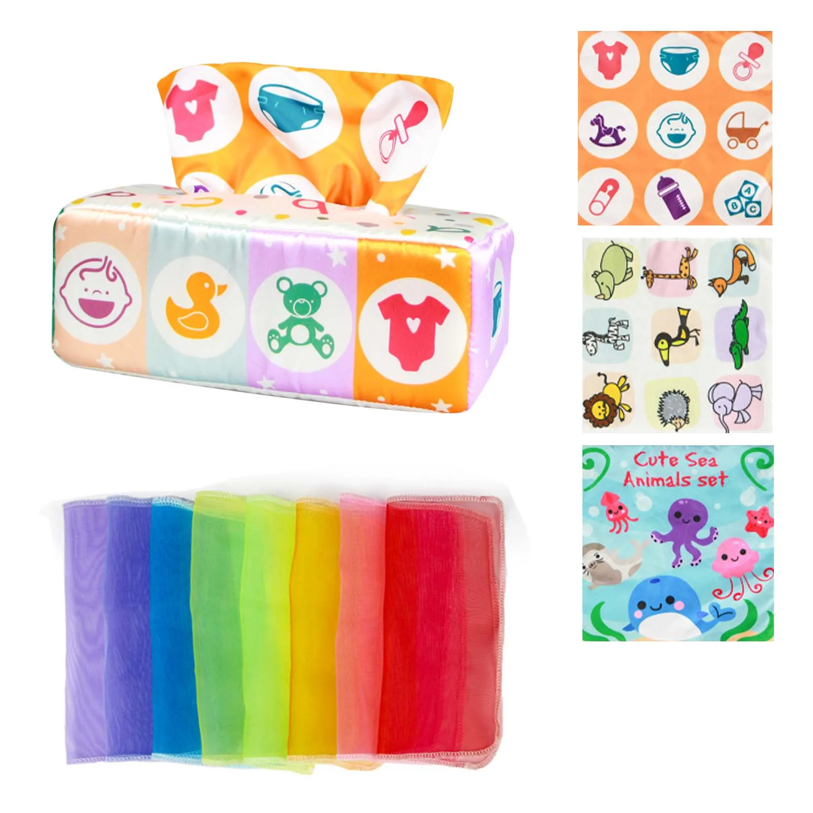 

Коробка для салфеток, игрушка, высокая контрастность, гофрированная Монтессори, квадратные сенсорные игрушки, цветной мягкий шарф, Детские ...