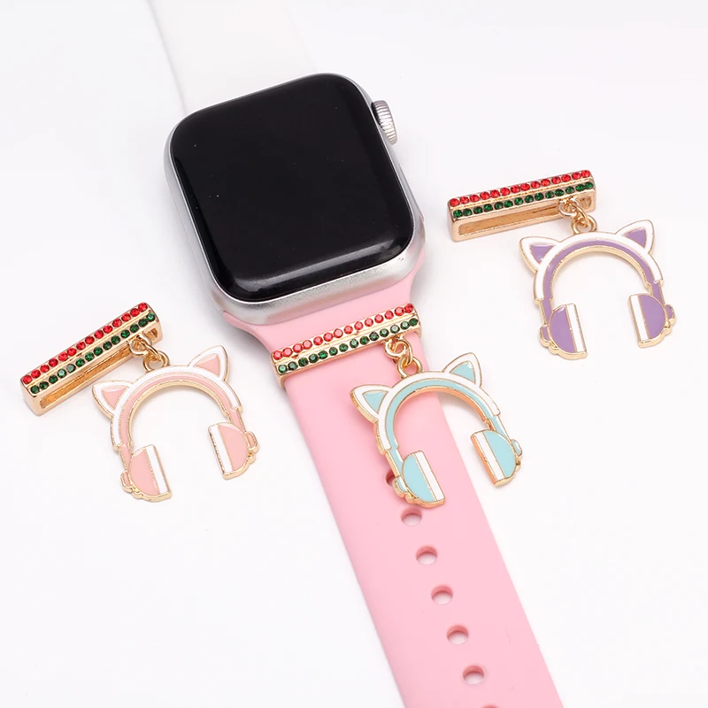 

Cartoon Cat Headphones Watchband Charms for Apple Watch Band Decoration Cute Accessories for Iwatch Silicone Strap Charm