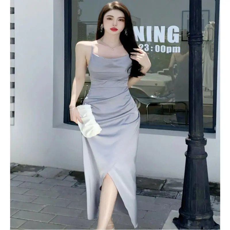 

Женское атласное платье на бретельках, французское шелковое платье в стиле ретро с длинным разрезом и высокой талией, 2022