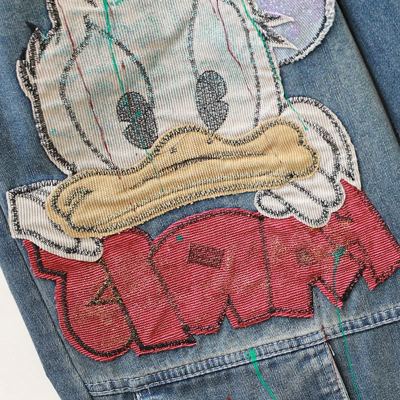 2023 New Baggy Pants Trousers Cartoon Patch Jeans Women's Clothes Elastic Waist Contrast Color Curling Small Cropped Harem Pants