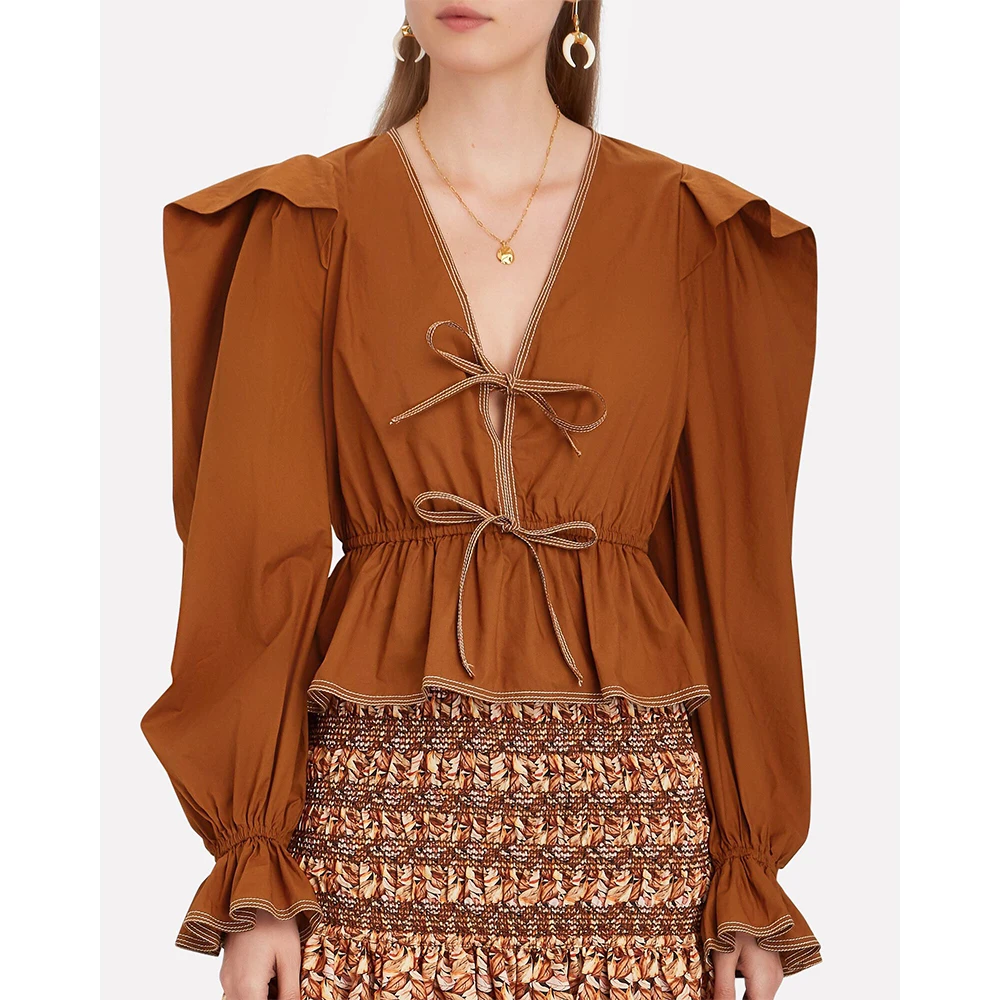 

Women Romantic Style Puff Sleeve Ruffled Waist Wide Shoulder V-neck Cotton Shirt Top 2 Colors