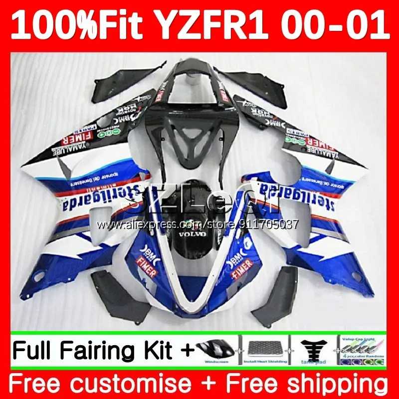

blue white Injection Body For YAMAHA YZF R1 YZF-R1 YZF R 1 1000 CC YZF-1000 YZFR1 00 01 YZF1000 2000 2001 OEM Fairing 129LQ.32