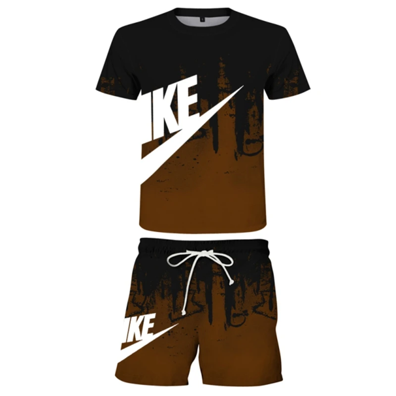 Summer Casual Men's T-shirt + Pants Suit Brand Short Sleeve Set Luxury Printed Cotton Shirts Jogging Sweatpants Male Sportswear