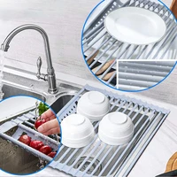 Foldable Dish Drying Rack Drainer Roll Rack Stainless Steel Shelf Kitchen Sink Holder Bowl Plate Pantry Storage Organizer Tray