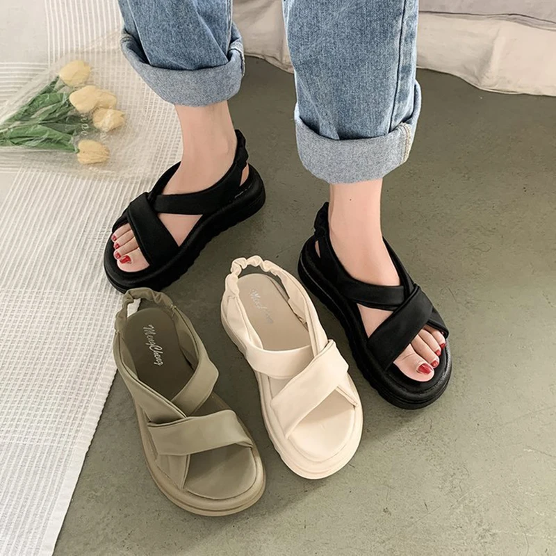 2023 Summer Women's New Sandals Outdoor Leisure Cross Thick Bottom Rubber Sole PU Solid Color Beach Fashion Sandals For Women