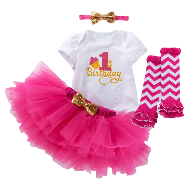 

Baby Girls 1st Birthday Outfit Romper Tutu Skirt Shiny Bowknot Headband Cake Smash Clothes Set for Photo Shoot Christenning Gown