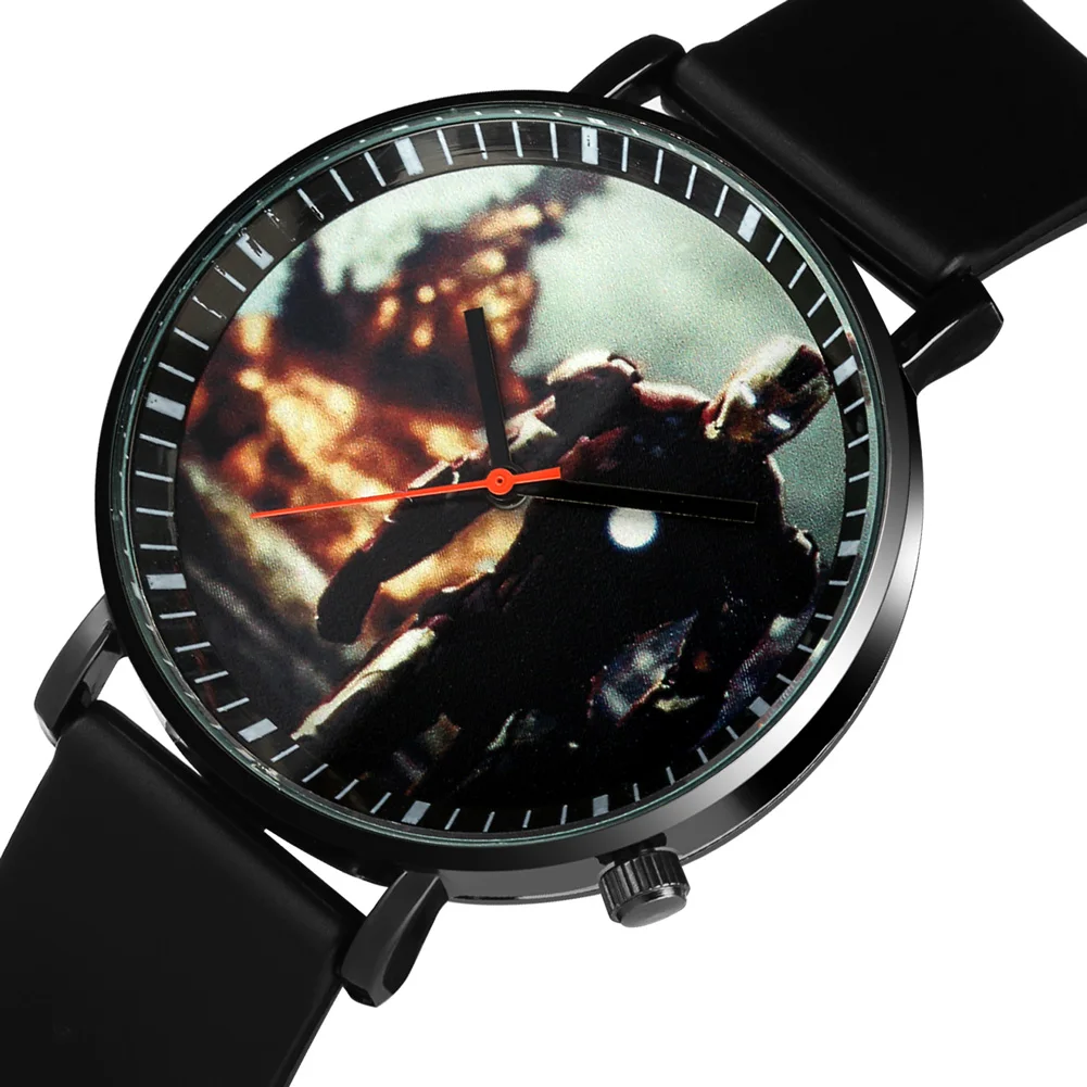 

Marvel Iron Man Series Pattern Dial Quartz Watch Men Punk Black Silicone Band Red Seconds Display Boy Student Wristwatches